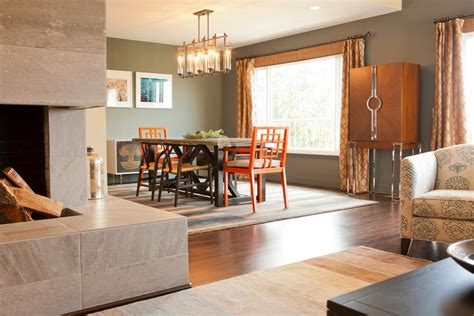 The customer service was on point. Kitchen and Great Room With Orange Chairs, Stone Fireplace | Loczi Design | HGTV
