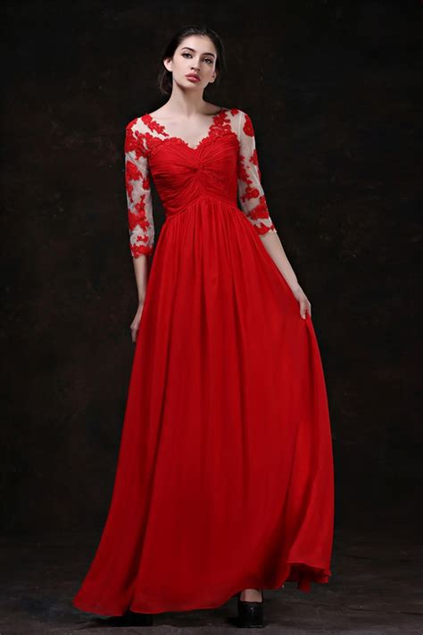 Flowing A Line V Neck Empire Waist Long Red Chiffon Evening Prom Dress With Lace Sleeves