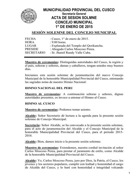 Acta De Sesion Solmne Concejo Municipal 1° De Enero De 2015