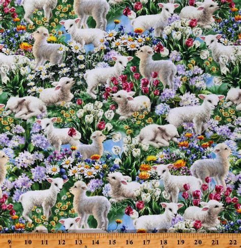 Cotton Spring Meadow Lambs Sheep Animals Flowers Multicolor Cotton