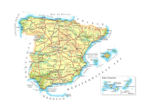 Large Detailed Physical Map Of Spain With Roads Cities And Airports
