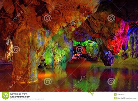 Colorful Cave And Lake Underground Fujian South Of China Stock Image