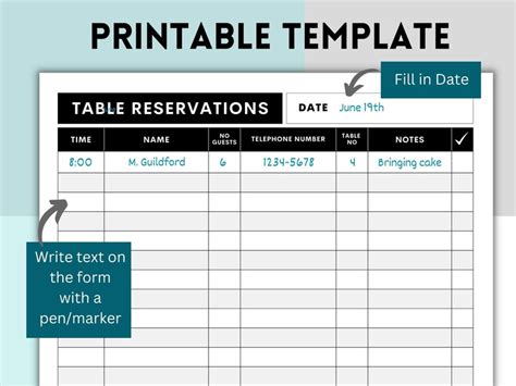 Printable Table Reservation List Restaurant Table Reservation Form