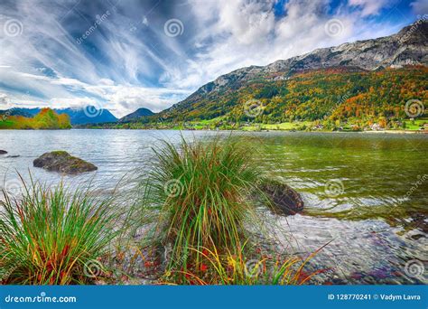 Idyllic Autumn Scene In Grundlsee Lake In Alps Mountains Austria Stock