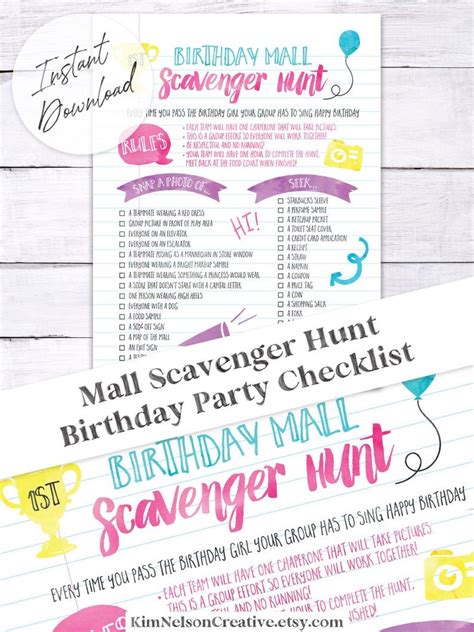 Scavenger Hunt Birthday Party Checklist Mall Edition Etsy Singing