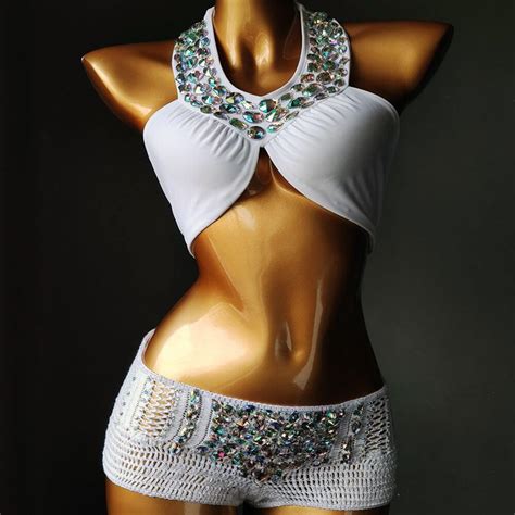 White Crochet Bikini Set Women Diamante Carnival Bra Rhinestone Sexy