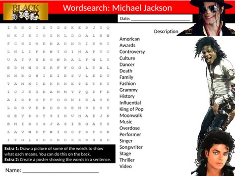 Michael Jackson Wordsearch Keyword Starter Settler Music Lesson Black