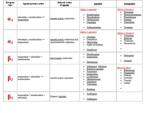 Adrenergic Receptor Chart