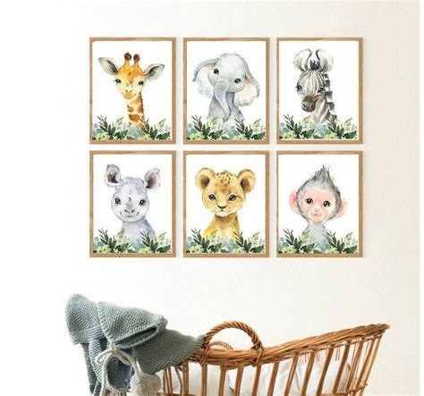 Set Of 6 Safari Animal Printsnursery Wall Decorwatercolor Etsy
