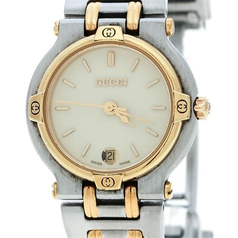 Gucci Cream Two Tone Stainless Steel 9000l Womens Wristwatch 25 Mm For