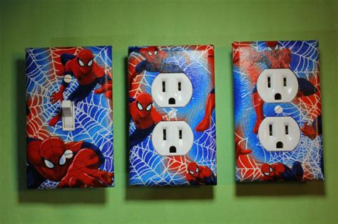Spiderman room, maybe grey on the bottom | superhero room. Spiderman 3 pc Set Light Switch Cover boys room home decor ...