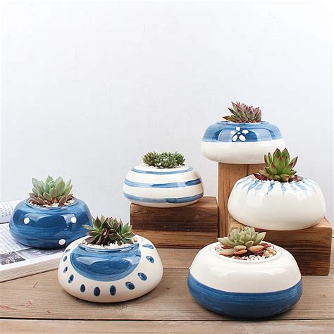Set Of 6 Pcs Blue Painting Ceramic Planter Succulent Plant Pot Handmade