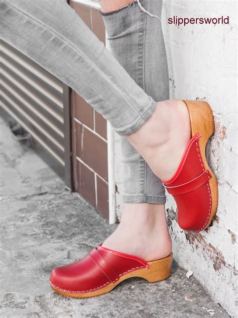 Red Leather Swedish Clogs Sandal Clogs Women Wooden Clogs Etsy