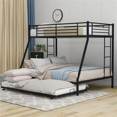 Euroco Steel Frame Twin Over Full Bunk Bed With Trundle And Two Side Ladders Black