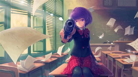 320x570 Resolution Purple Haired Anime Character Holding Gun Hd