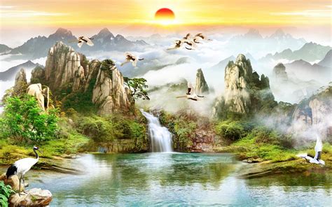 Mountains And Waterfall In China Nature Landscape 3d Psd Background