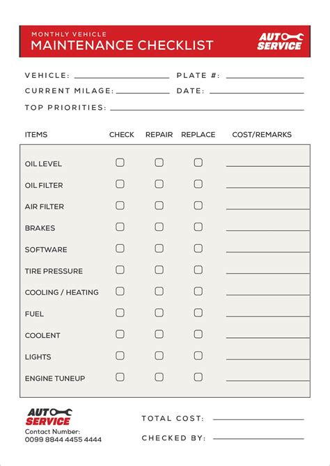 Free Car Service Monthly Maintenance Checklist Template Ai And Pdf