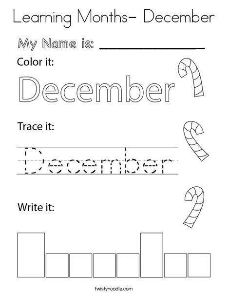 Learning Months December Coloring Page Twisty Noodle December