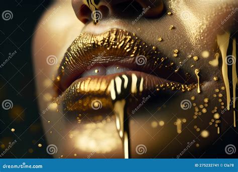 Golden Paint Smudges Drips From The Lips Of A Woman Ai Generative Illustration Stock