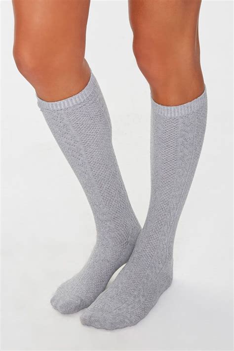 Cable Knit Knee High Socks In Heather Grey White Knee High Socks
