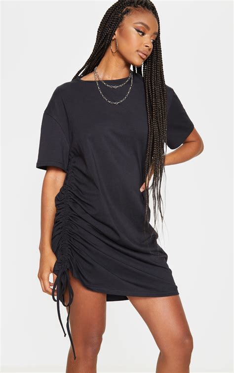 Black Ruched Side T Shirt Dress Dresses Prettylittlething Ca