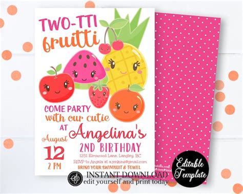 Editable Two Tti Fruitti 2nd Birthday Invitation Tutti Frutti Birthday Invite Tutti Frutti