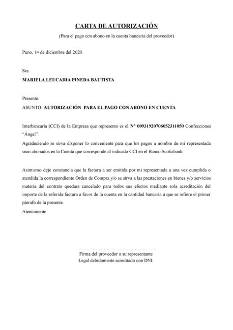 Carta Autorizacion FGHVVVVVVV CARTA DE AUTORIZACIÓN Para el pago con abono en la cuenta