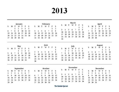Printable 2013 One Page Yearly Pdf Calendar