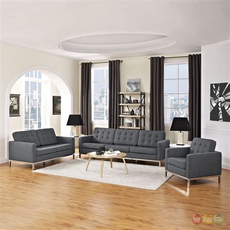 Mid Century Modern Loft 3pc Button Tufted Living Room Set Gray
