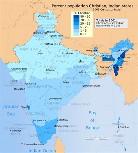 I indien är hinduismen den dominerande religionen, medan muslimerna är den klart största av en rad religiösa minoriteter. Christianity in India 2000 × 2203 : MapPorn