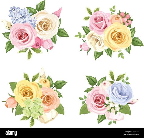 Set Of Bouquets Of Colorful Roses And Lisianthus Flowers Vector