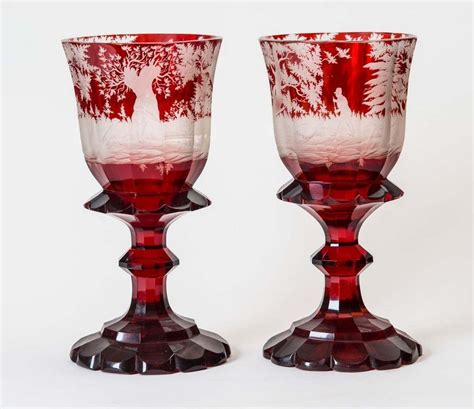 19th Century Bohemian Etched Ruby Glass Goblets European Glass