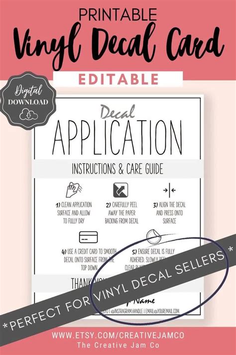 Editable Vinyl Decal Care Card Instructions Printable Decal Etsy Uk