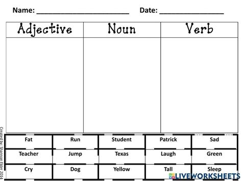 Sorting Nounverb And Adjective Worksheet Live Worksheets