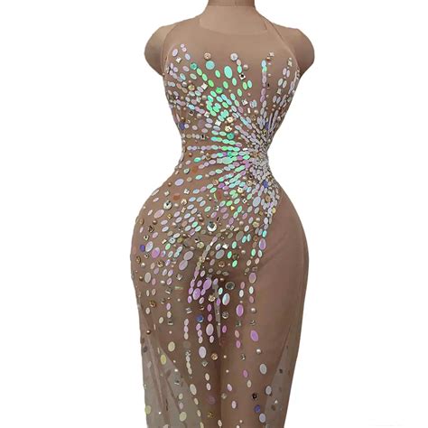 Sexy Skin Nude Mesh Rhinestone Bodysuit Women Nightclub Party Crystal