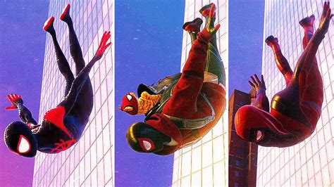 Spider Man Miles Morales Jumping From Highest Building Wall Suits