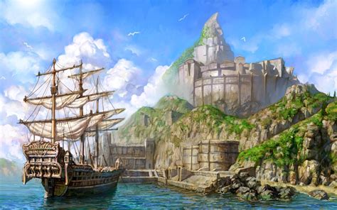 Port Painting Fantasy Ship Sea Sky Wallpapers Hd Desktop And