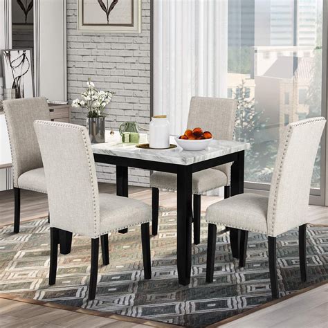 5 Piece Dining Table Set Counter Height Faux Marble Home Kitchen