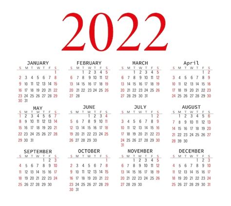 Calendario 2022 Blanco Y Negro Con Rojo Calendario De Oficina Gráficos