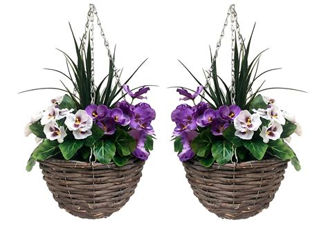 Pair Of Artificial Hanging Baskets Purple And White Flowers And Grasses