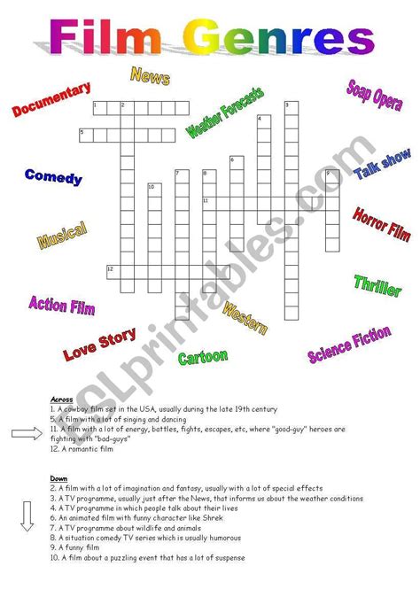 Crossword On Film Genres Worksheet Film Genres Book Genres Genres