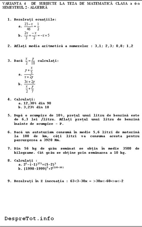 Teza Matematica Clasa 6 Sem 2 Varianta 4 Algebra