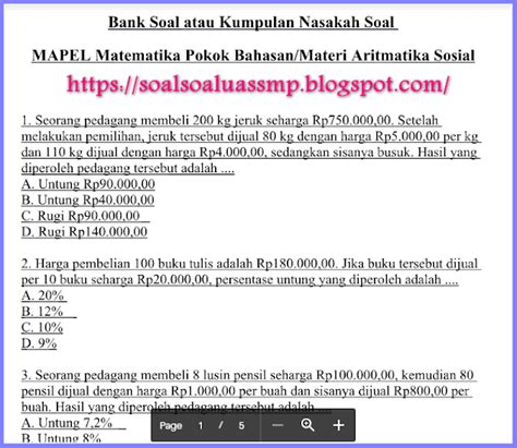 Demikian pembahasan tentang aritmatika sosial, rumus, contoh soal dan jawabannya. Soal dan Pembahasan Matematika SMP/MTs BAB Aritmatika ...