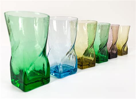 Vintage Set Of 6 Juice Glasses Multi Colored Twist Square Base Design
