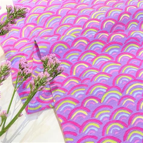 Cotton Jersey Fabric Lucy Rainbows On Lilac Gather N Sew