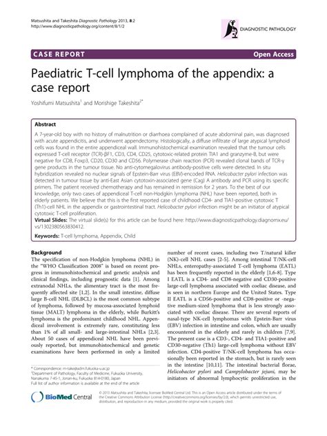 Pdf Paediatric T Cell Lymphoma Of The Appendix A Case Report