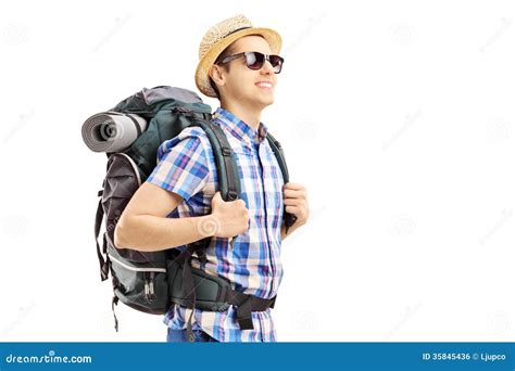 Male Tourist With Backpack Walking Stock Photo Image Of Equipment