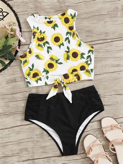 Sunflower Print Knot Hem Top With Ruched Bikini Set Cute Bathing Suits Cute Swimsuits