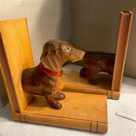 Antique Hand Carved Wood Dachshund Dog Bookends Etsy