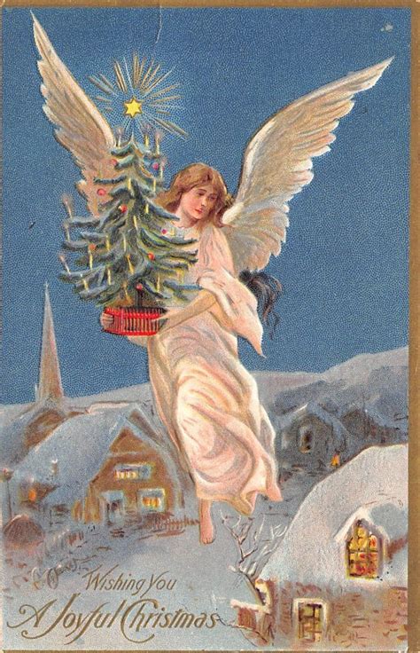 Joyful Christmas 1910 Postcard Angel With Lighted Christmas Tree Above